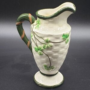 Moriyama Japanese Vintage Basketweave Majolica Ceramic 3 Leaf Clover Pitcher